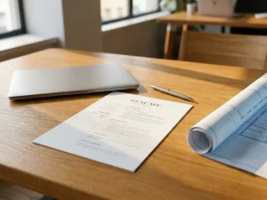 CV-document op houten bureau met laptop, pen en blauwdruk, natuurlijk licht door raam
