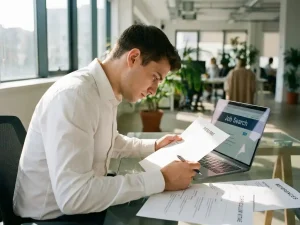 Jonge professional in wit overhemd bestudeert cv-documenten aan glazen bureau met laptop en sollicitatieformulieren