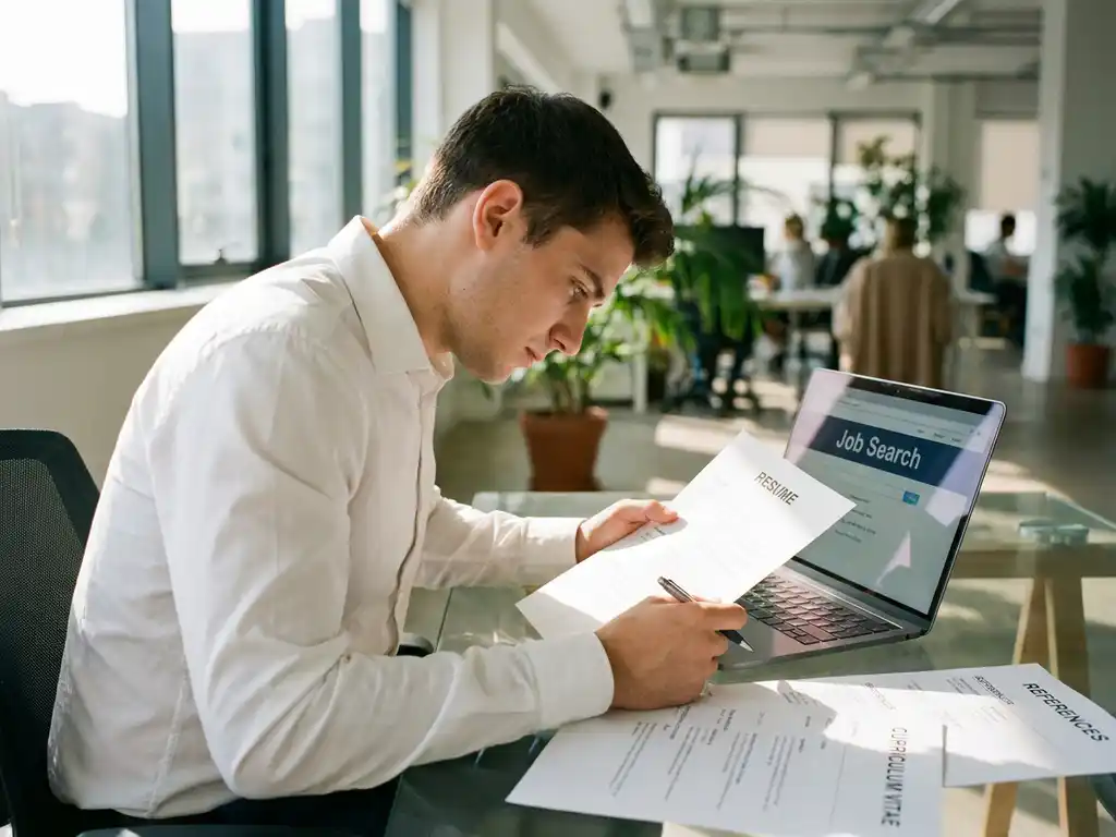 Jonge professional in wit overhemd bestudeert cv-documenten aan glazen bureau met laptop en sollicitatieformulieren