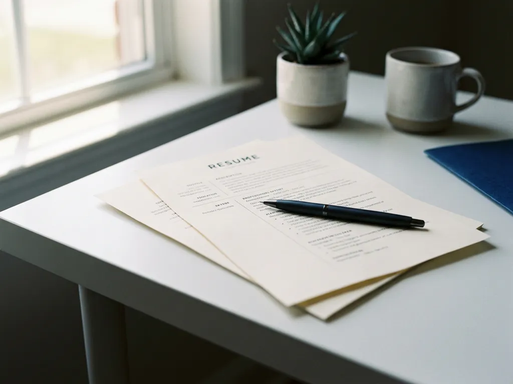 CV-document op wit bureau met zwarte pen, succulent en koffiekop op achtergrond in professionele werkruimte