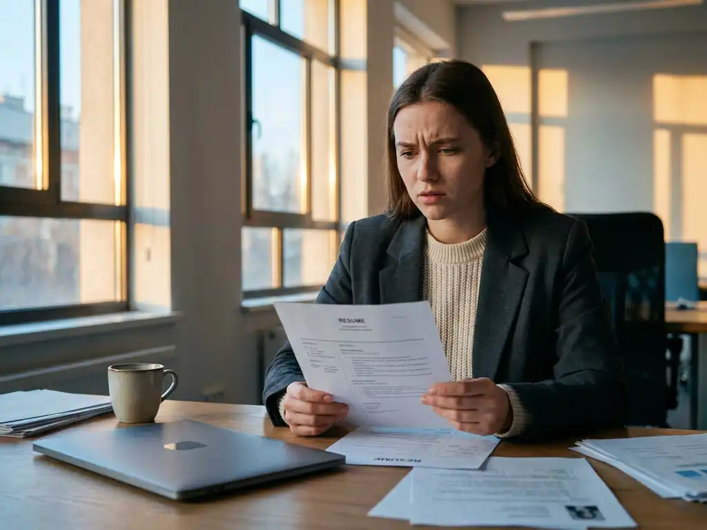Jonge professional in zakelijke kleding bekijkt bezorgd cv aan bureau met sollicitatiepapieren en laptop bij raam