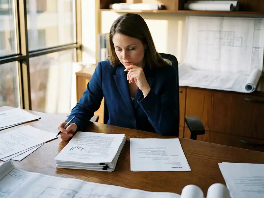 Professionele vrouw in marineblauw jasje vergelijkt twee cv's op houten bureau met technische tekeningen op achtergrond