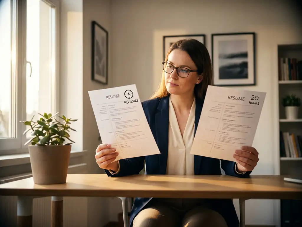 Professionele vrouw in kantoorkleding vergelijkt twee cv's met 40 en 20 uur markeringen aan modern bureau bij raam