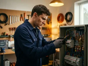 Jonge elektricien in blauwe overall verbindt koperen draden in moderne elektrische kast, gereedschap op achtergrond