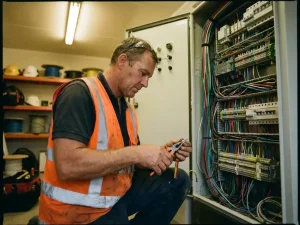 Elektricien in oranje veiligheidsvest werkt geconcentreerd aan elektrisch paneel met kleurrijke draden in industriële omgeving