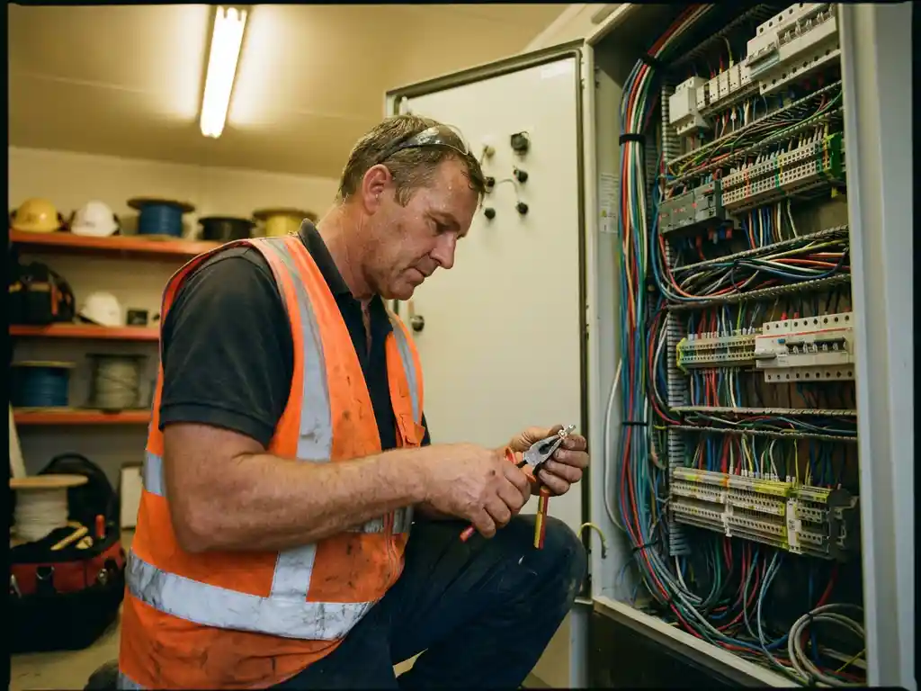 Elektricien in oranje veiligheidsvest werkt geconcentreerd aan elektrisch paneel met kleurrijke draden in industriële omgeving