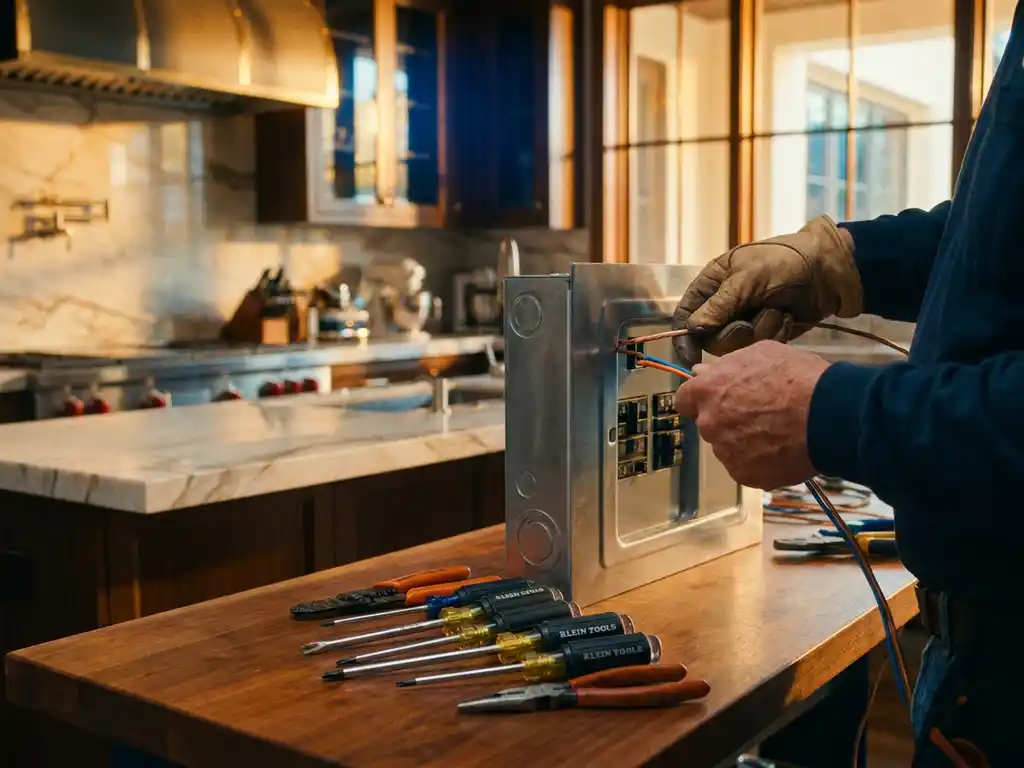 Elektricien verbindt koperen bedrading in moderne elektrische kast met professionele gereedschappen op werkbank