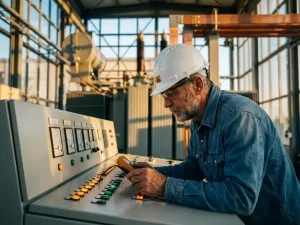 Elektrotechnisch ingenieur in witte veiligheidshelm onderzoekt verlichte bedieningspanelen in moderne transformatorstation