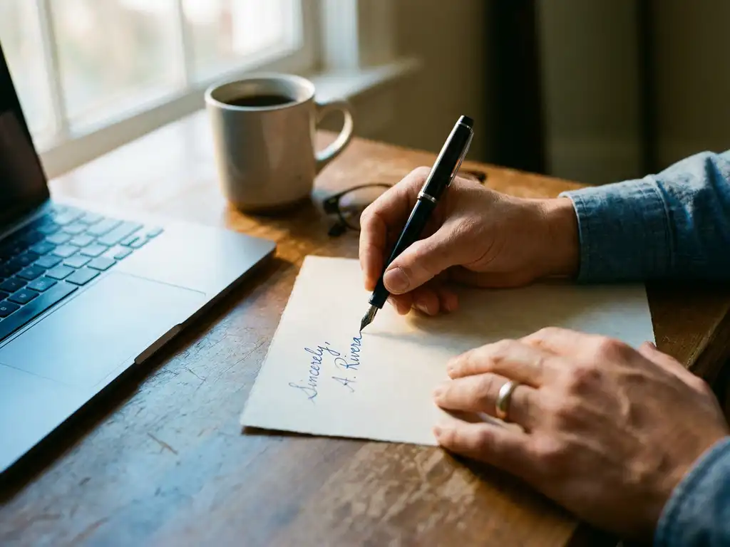 Professionele handen schrijven met vulpen op wit papier op houten bureau naast laptop en koffiekop