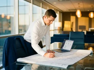 Ingenieur bestudeert technische blauwdrukken op glazen conferentietafel met laptop en projectmanagementsoftware