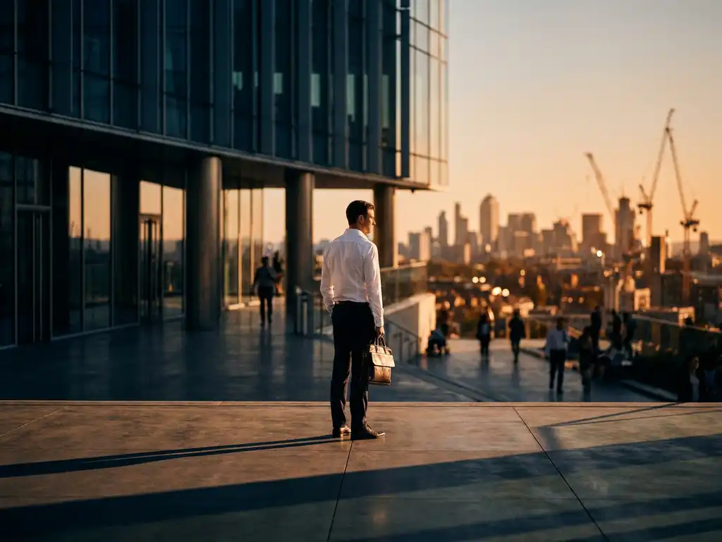 Professionele ingenieur in wit overhemd kijkt naar bouwkranen en stadshorizon vanaf modern glazen kantoorgebouw bij zonsondergang