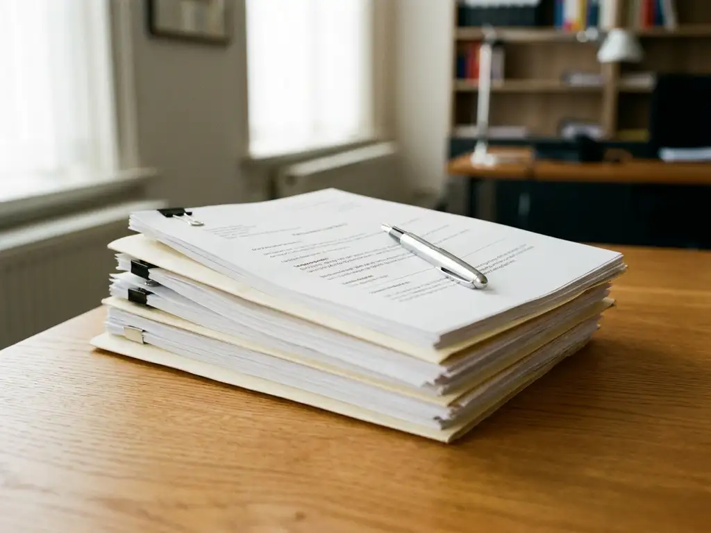 Nederlandse arbeidscontracten en documenten netjes gestapeld op houten bureau met zilveren pen, natuurlijk licht vanuit raam