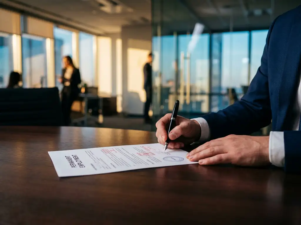 Professionele persoon ondertekent arbeidscontract met zwarte pen aan houten bureau in modern HR-kantoor