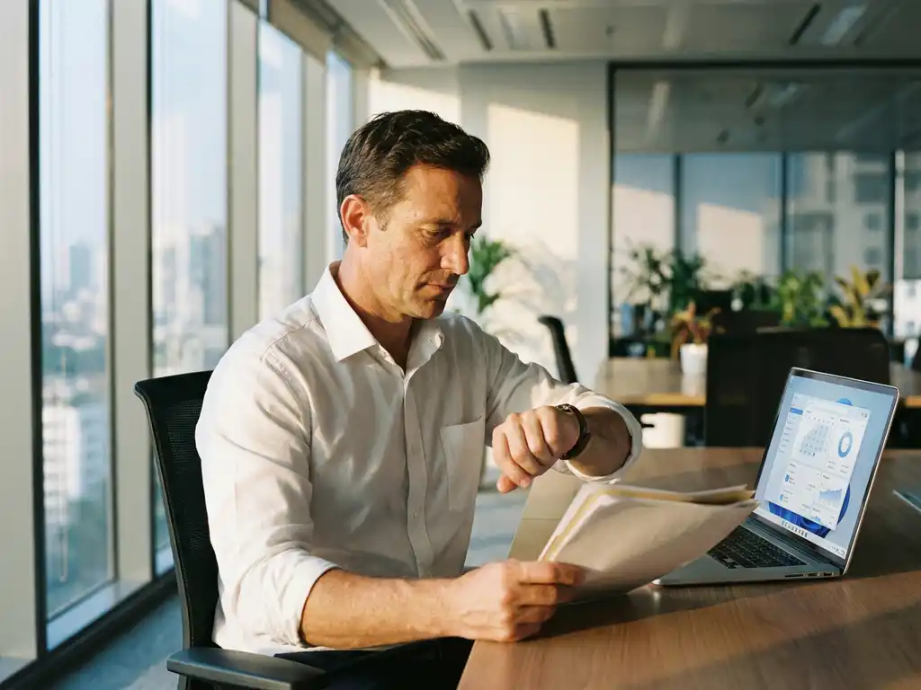 Professionele werknemer in wit overhemd controleert horloge terwijl hij documenten bekijkt aan moderne kantoorbureau met laptop