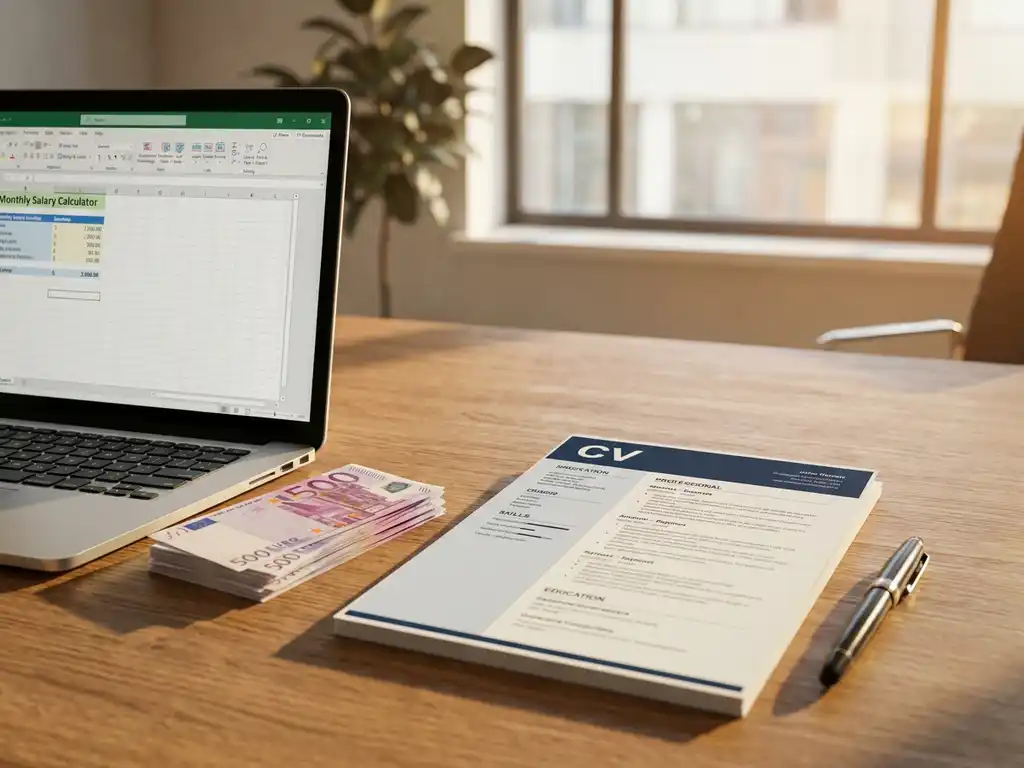 4000 euro bankbiljet op modern bureau naast laptop met salariscalculator, CV-document en pen in kantooromgeving