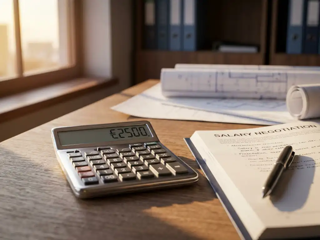 Calculator toont €2500 op houten bureau naast salarisonderhandelingsdocument en pen in professionele kantooromgeving