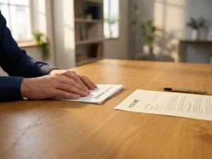 Professionele handen bedekken salarisstuk op houten bureau tijdens sollicitatiegesprek met cv en pen
