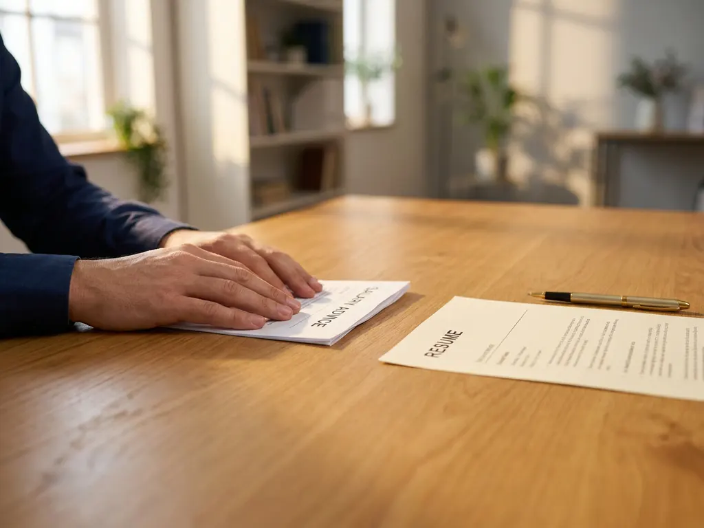 Professionele handen bedekken salarisstuk op houten bureau tijdens sollicitatiegesprek met cv en pen