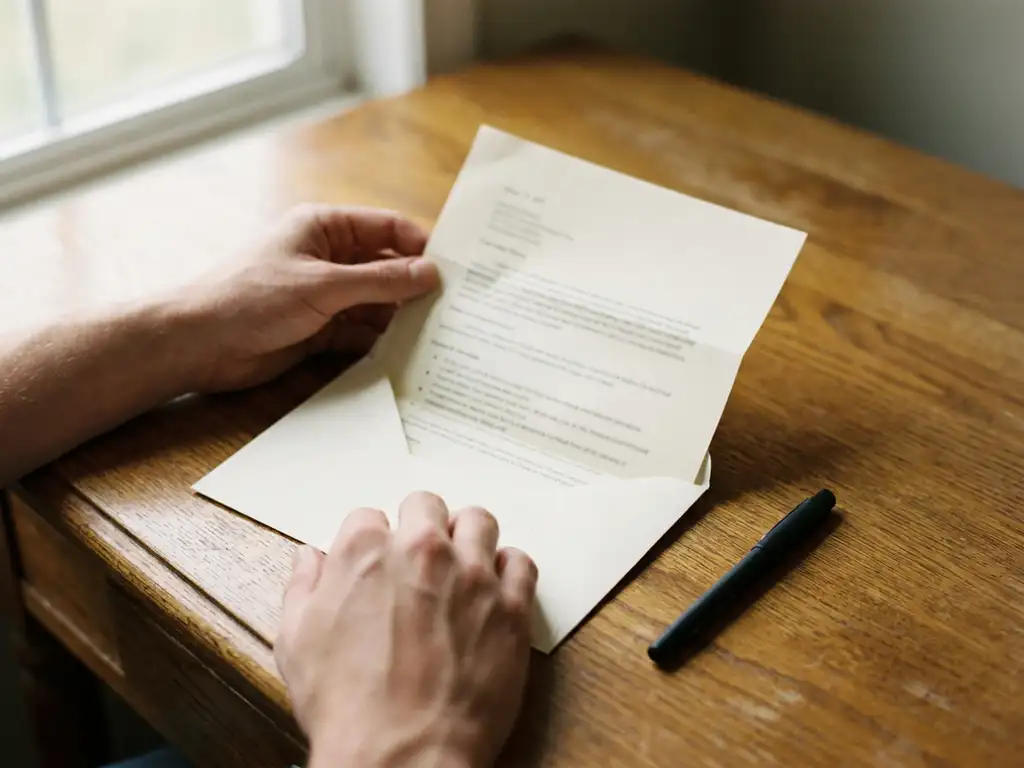 Witte envelop wordt geopend op houten bureau met zichtbare sollicitatiebrief en zwarte pen in natuurlijk licht