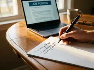 Fountain pen schrijft sollicitatiebrief op wit papier naast laptop met vacature op houten bureau in ochtendlicht