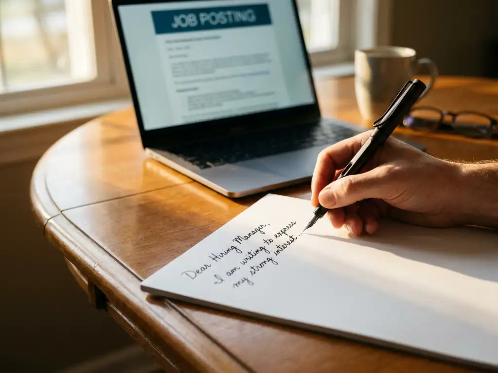 Fountain pen schrijft sollicitatiebrief op wit papier naast laptop met vacature op houten bureau in ochtendlicht