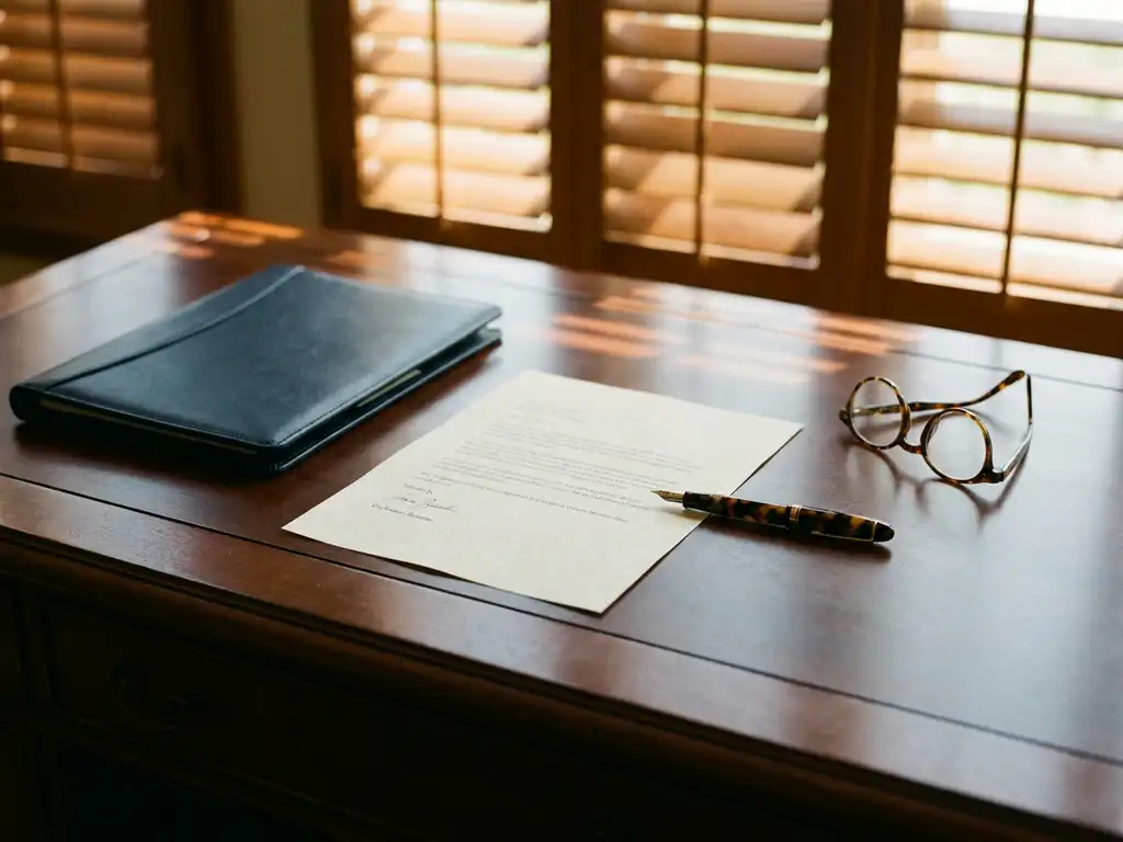 Elegante vulpen op witte sollicitatiebrief op houten bureau met leren portfolio en leesbril in warm kantoorlicht