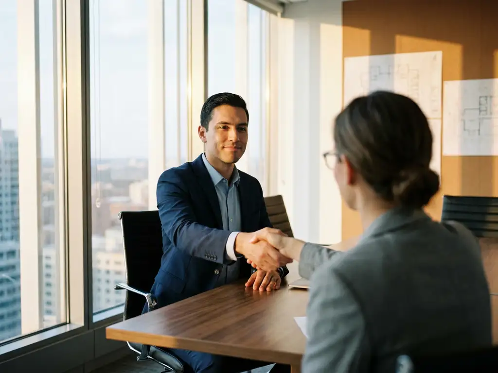 Professionele kandidaat in marineblauw pak schudt hand met interviewer aan houten vergadertafel in modern kantoor