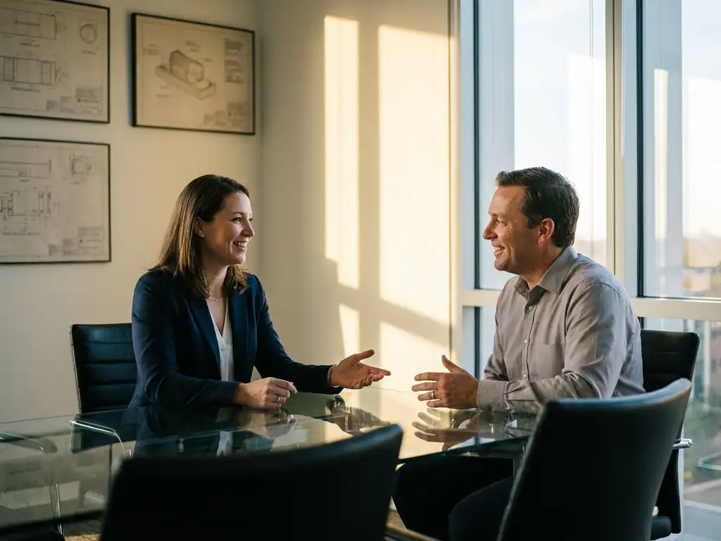 Professionele vrouw in marineblauw jasje tijdens vriendelijk sollicitatiegesprek aan glazen vergadertafel in modern kantoor