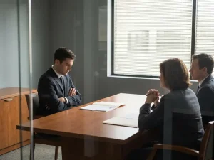 Sollicitant met gekruiste armen tegenover twee interviewers aan houten vergadertafel, cv-papieren verspreid, gespannen sfeer