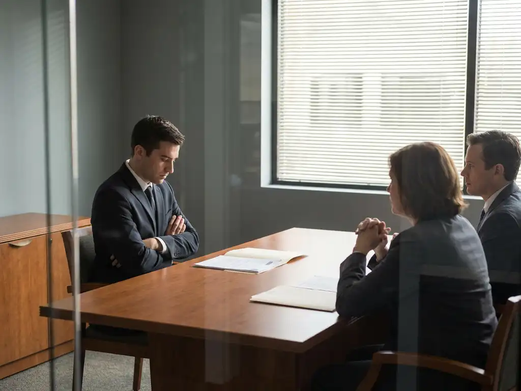 Sollicitant met gekruiste armen tegenover twee interviewers aan houten vergadertafel, cv-papieren verspreid, gespannen sfeer
