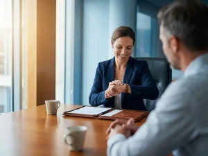 Professionele vrouw in marineblauw jasje kijkt op horloge tijdens sollicitatiegesprek aan houten vergadertafel