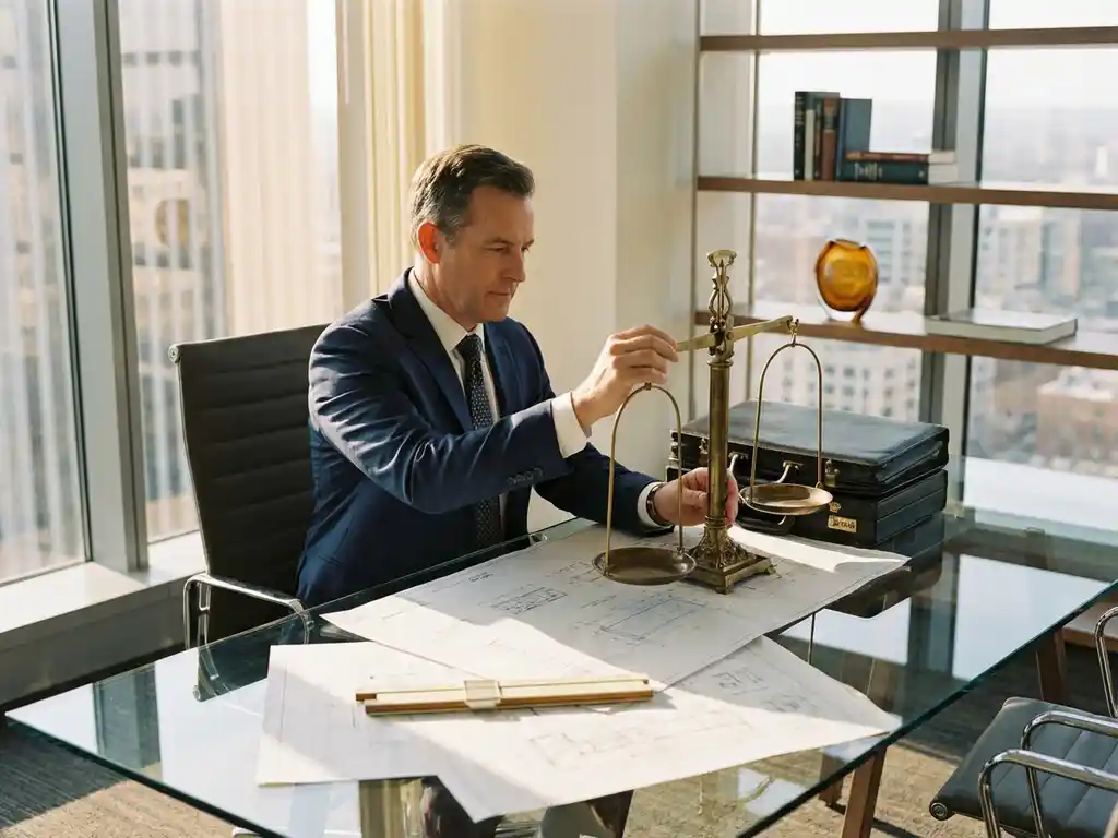 Professionele zakenman in pak weegt twee identieke aktentassen op messing weegschaal aan glazen bureau in modern kantoor
