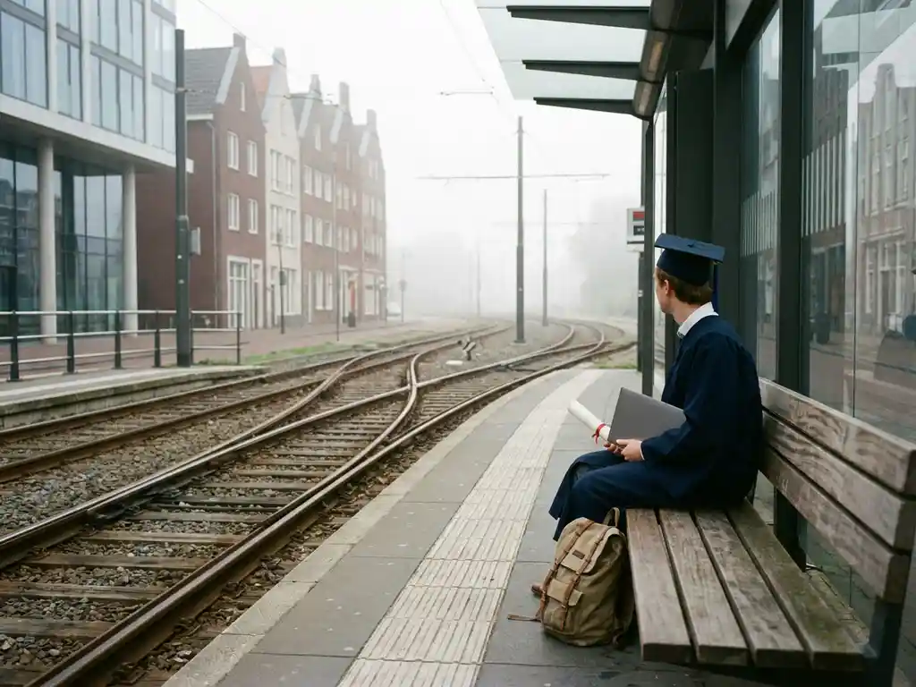 Jonge Nederlandse afgestudeerde alleen op tramhalte, kijkt peinzend naar vertakkende sporen, diploma in hand, laptop en rugzak naast zich