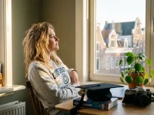 Jonge Nederlandse afgestudeerde twijfelt tussen werk en reizen aan bureau met laptop, reisgidsen en camera in zonnig stadsappartement