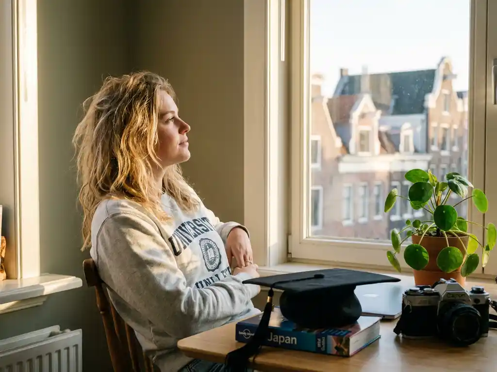 Jonge Nederlandse afgestudeerde twijfelt tussen werk en reizen aan bureau met laptop, reisgidsen en camera in zonnig stadsappartement