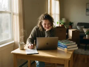 Jonge afgestudeerde aan keukentafel, nadenkend achter laptop met to-dolijst en koffie, start nieuwe carrière in bescheiden woning