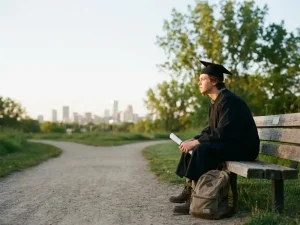 Jonge afgestudeerde op bankje met diploma, peinzend kijkend naar vertakkend pad richting vage stad in avondlicht