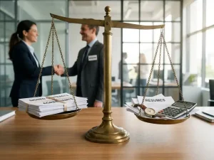 Wervingsbalans met weegschaal, handdruk tussen recruiter en professional, stapel getekende contracten versus losse cv’s en kosten