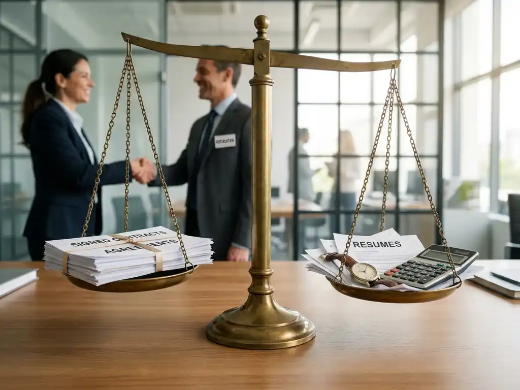 Wervingsbalans met weegschaal, handdruk tussen recruiter en professional, stapel getekende contracten versus losse cv’s en kosten