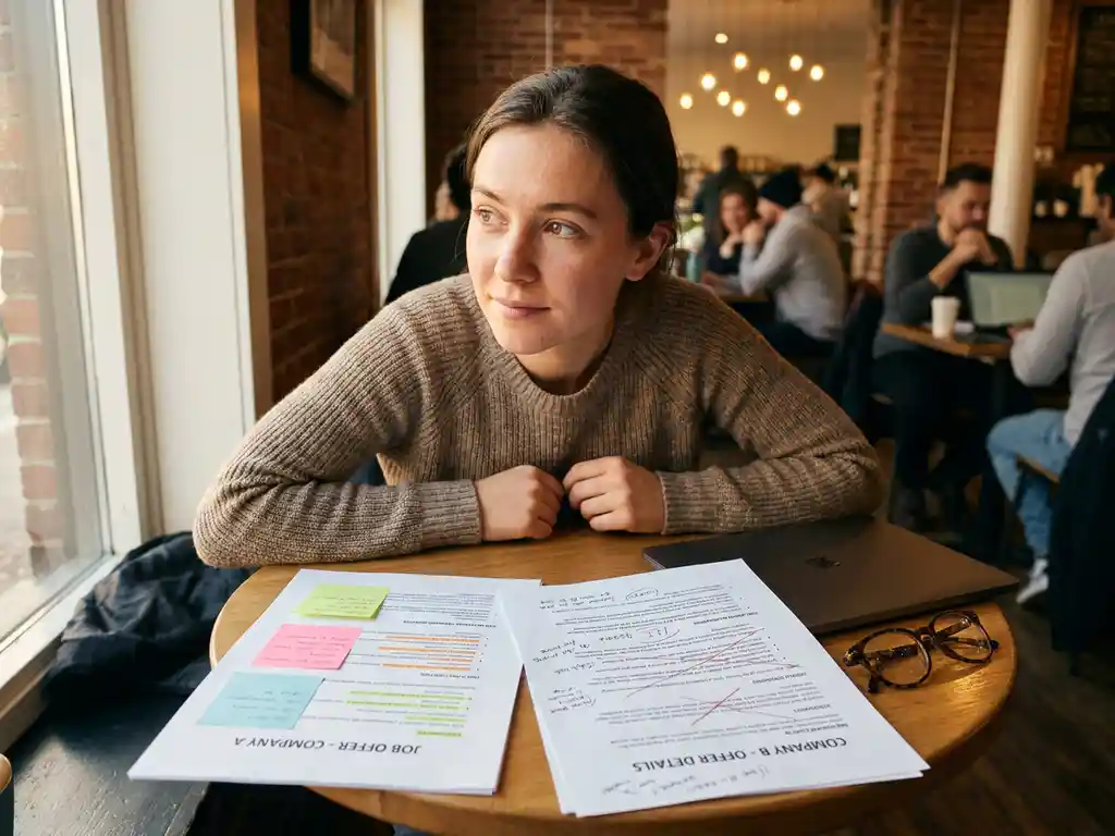 Jonge professional in café vergelijkt twee geprinte jobaanbiedingen, nadenkend bij tafel met laptop en bril opzij