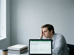 Vermoeide jonge professional staart leeg naar scherm met tabellen in kil, lichtgrijs kantoor, onaangeroerde koffie naast hem