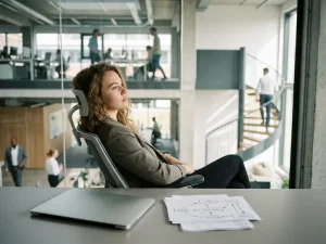 Jonge professional denkt na aan bureau met gesloten laptop, kijkt naar lichte kantoortuin en collega op trap die naar boven loopt