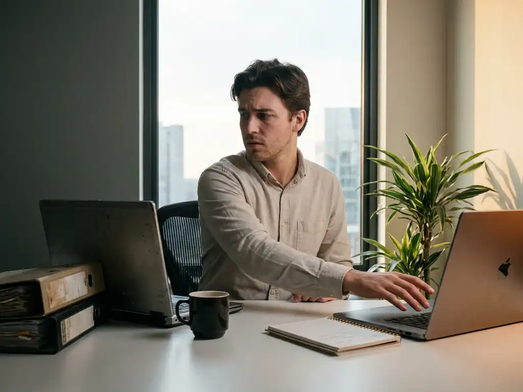 Jonge professional twijfelt tussen oude rommelige werkplek en moderne laptop met plant in licht, symbool voor carrièrevernieuwing