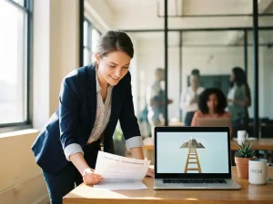 Jonge professional bestudeert vacature aan bureau, met laptop die stijgende carrièreladder toont in moderne, lichte kantoorruimte