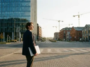 Jonge professional op kruispunt in moderne stad, twijfelend tussen kantoortoren en open skyline vol nieuwe carrièremogelijkheden