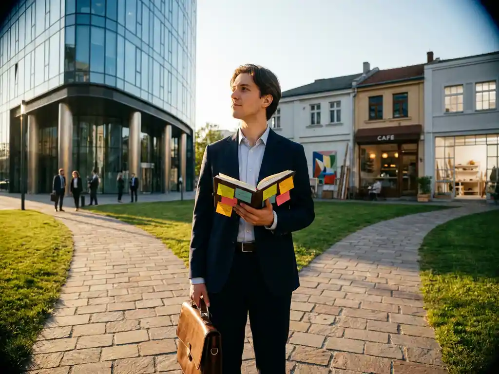 Jonge professional op kruispunt tussen corporate kantoorbaan en creatieve loopbaan, denkend over carrièrerichting