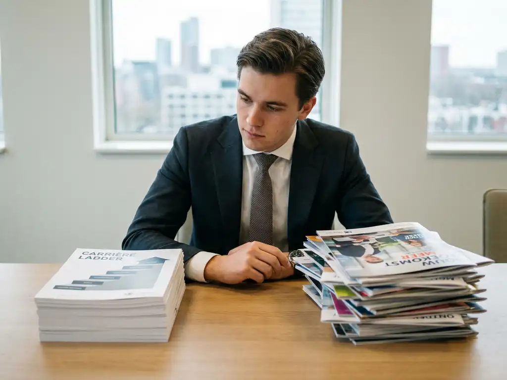 Jonge professional twijfelt tussen duidelijke carrièrestappen op geordende stapel en vage brochures op rommelige stapel papieren