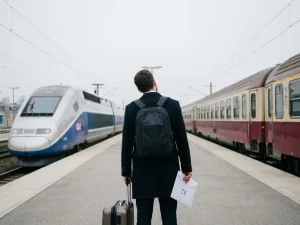 Jonge professional met koffer en cv twijfelt tussen moderne en klassieke trein op stil, mistroostig perron in ochtendlicht