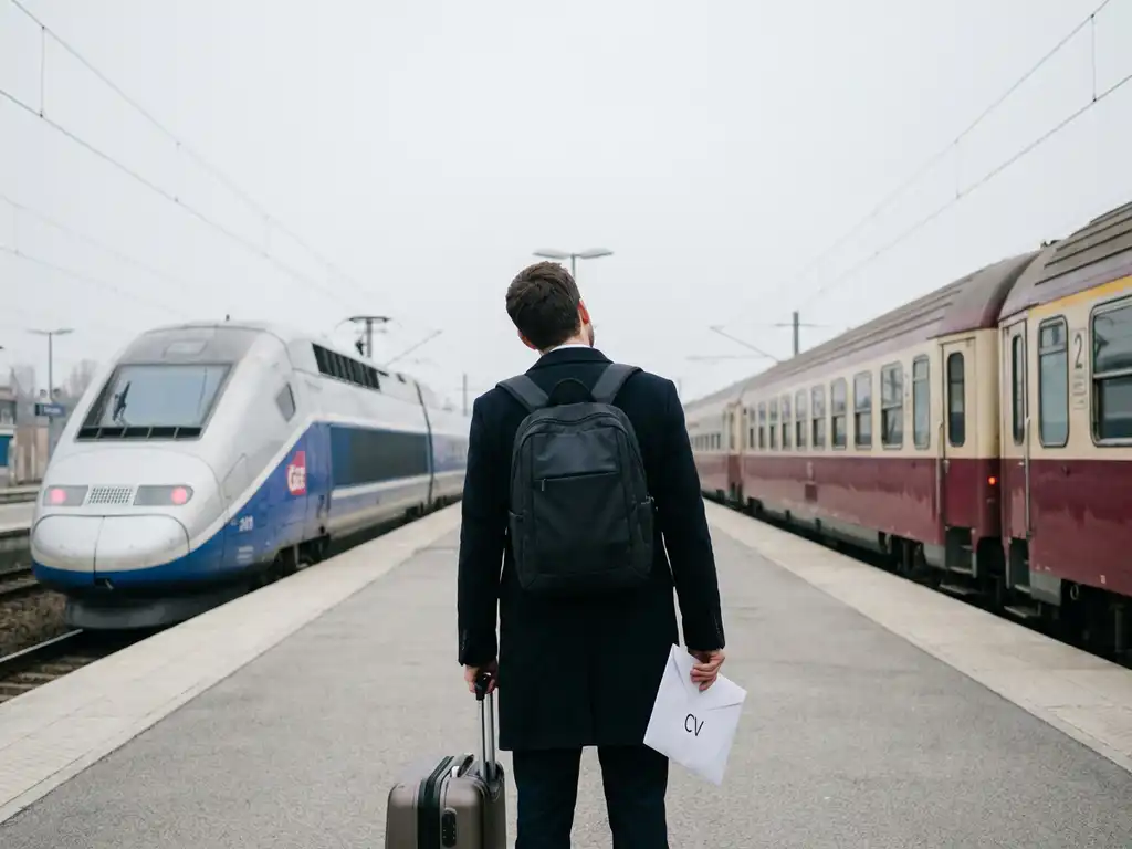 Jonge professional met koffer en cv twijfelt tussen moderne en klassieke trein op stil, mistroostig perron in ochtendlicht