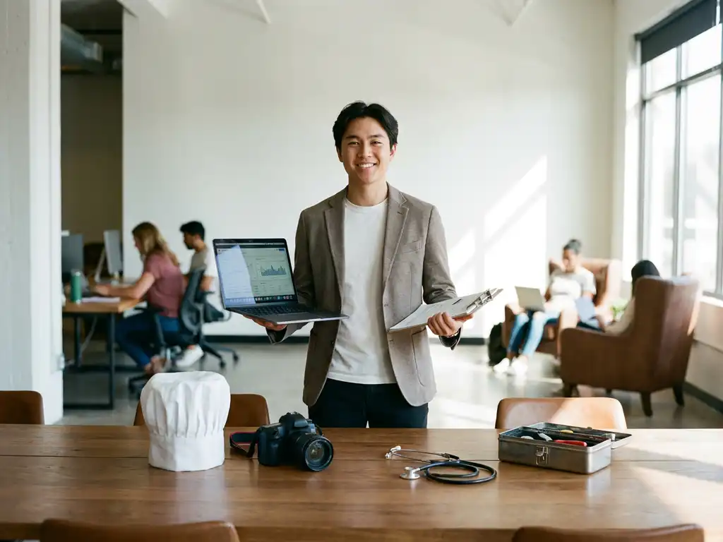 Jongvolwassene in lichte coworkingruimte met laptop, clipboard en symbolen van beroepen zoals koksmuts, camera en stethoscoop